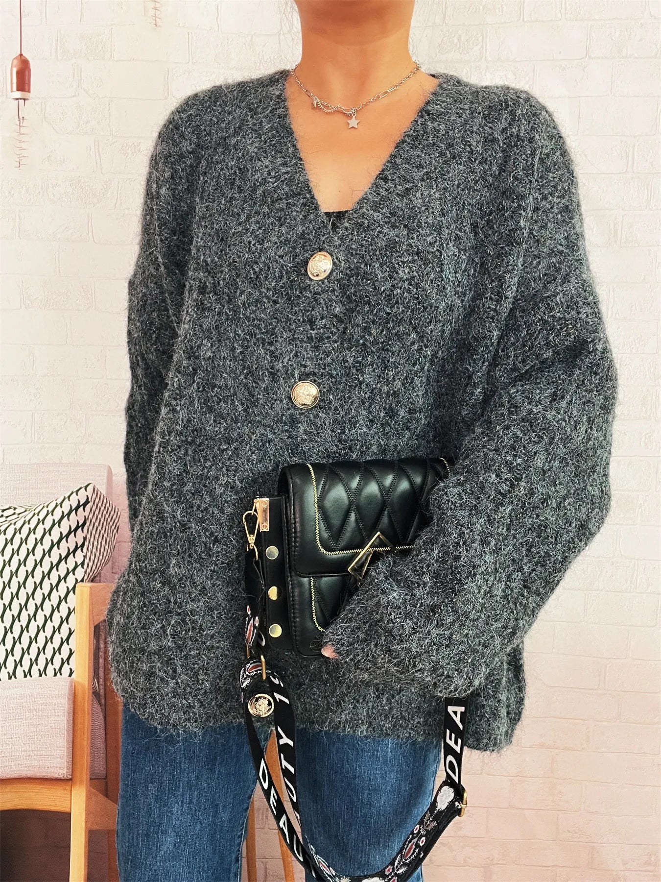 Cable Knit Button - Up Cardigan - FLORENTINE IRIS