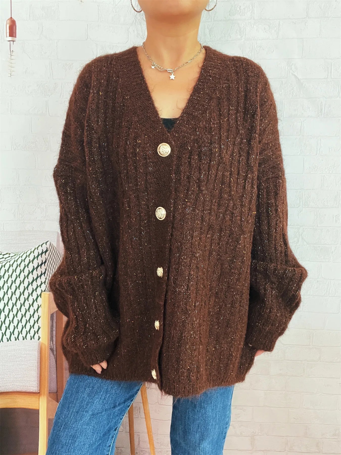 Cable Knit Button - Up Cardigan - FLORENTINE IRIS