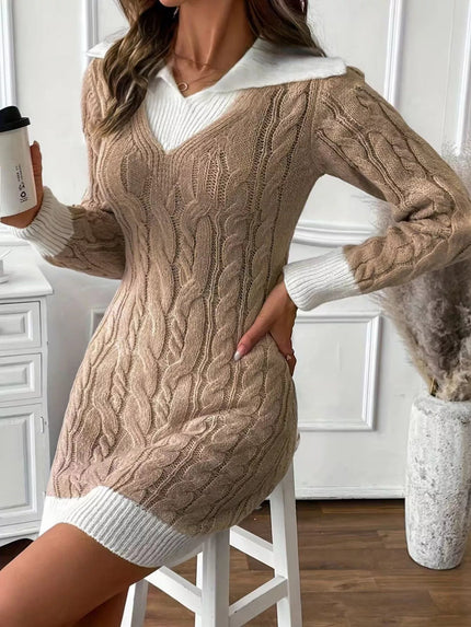 Cable Knit Contrast Trim Sweater Dress - FLORENTINE IRIS