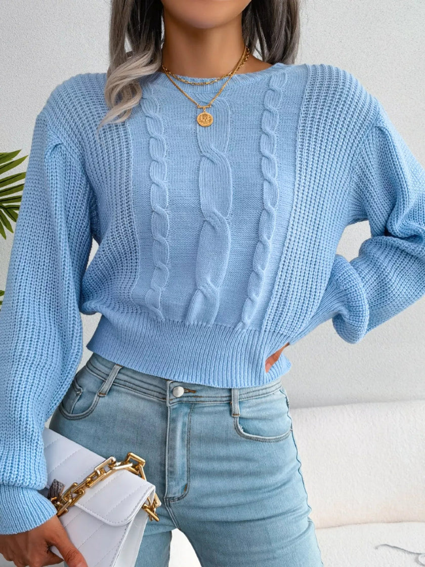Cable Knit Round Neck Cropped Sweater - FLORENTINE IRIS