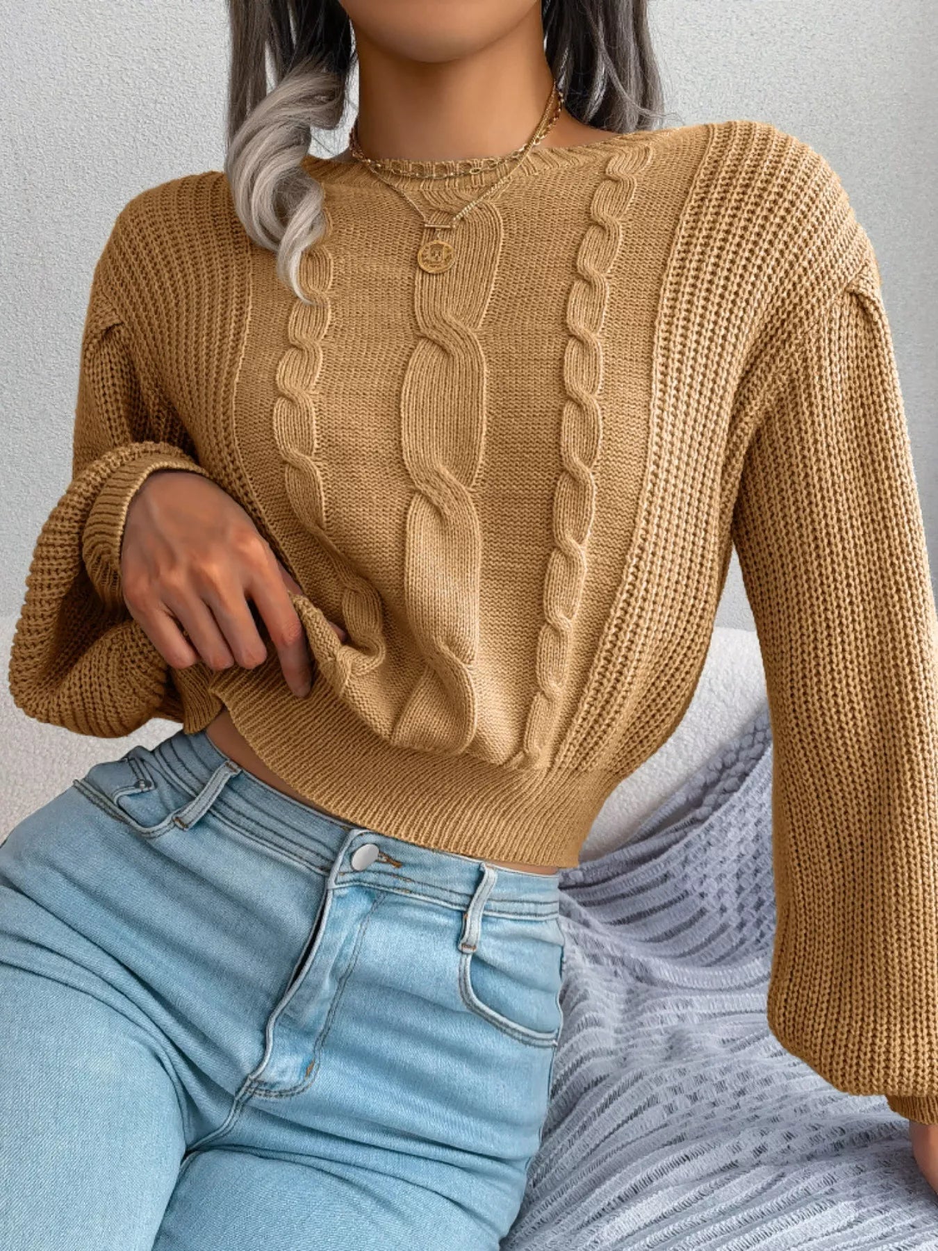 Cable Knit Round Neck Cropped Sweater - FLORENTINE IRIS