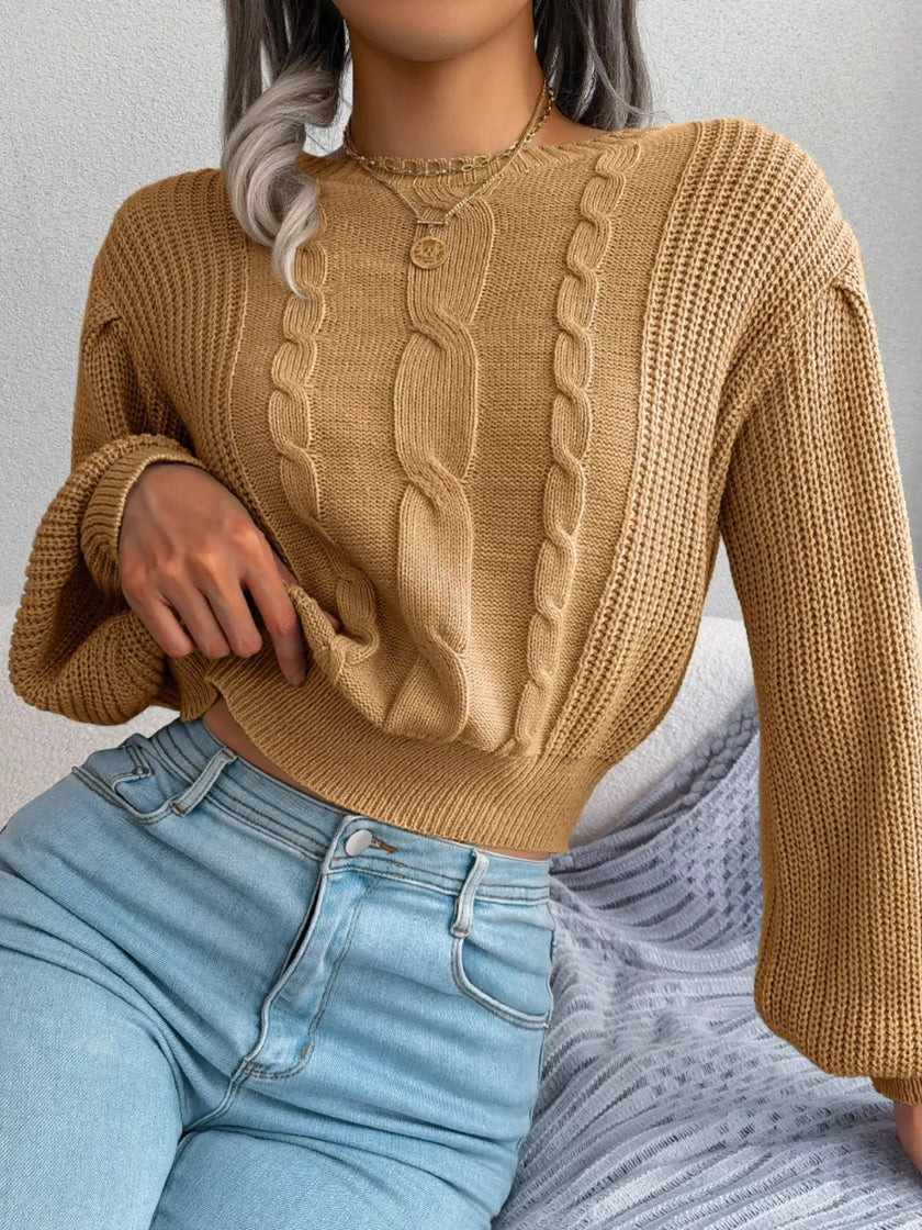 Cable Knit Round Neck Cropped Sweater - FLORENTINE IRIS