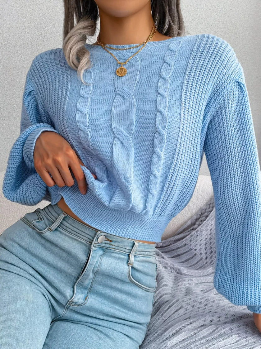 Cable Knit Round Neck Cropped Sweater - FLORENTINE IRIS
