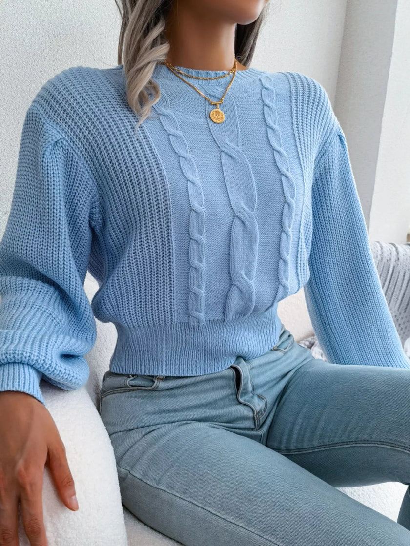 Cable Knit Round Neck Cropped Sweater - FLORENTINE IRIS