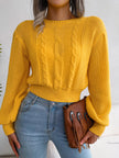 Cable Knit Round Neck Cropped Sweater - FLORENTINE IRIS