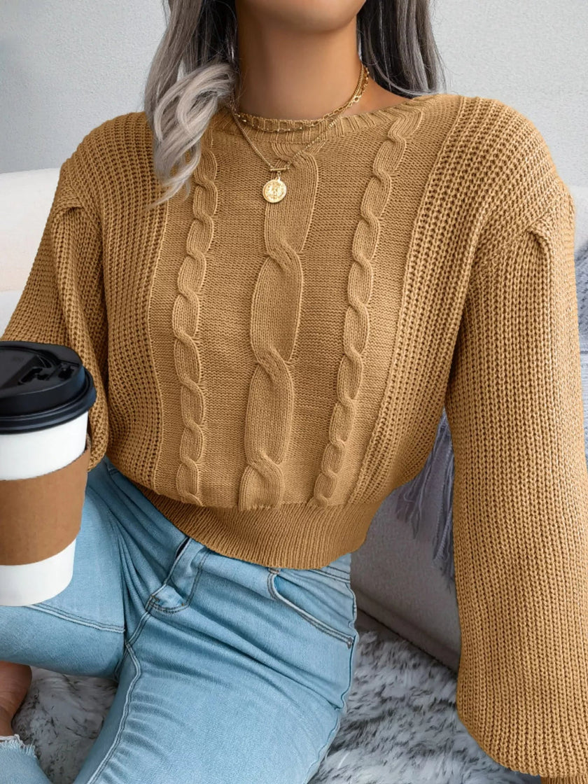 Cable Knit Round Neck Cropped Sweater - FLORENTINE IRIS