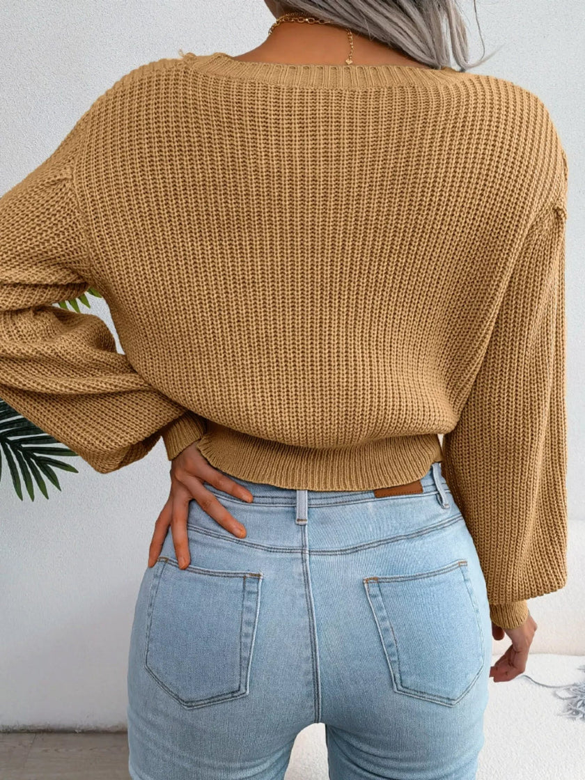 Cable Knit Round Neck Cropped Sweater - FLORENTINE IRIS