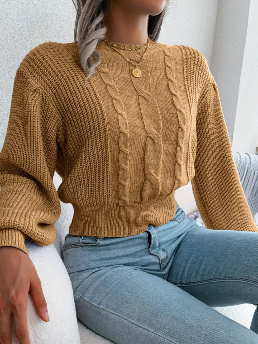Cable Knit Round Neck Cropped Sweater - FLORENTINE IRIS