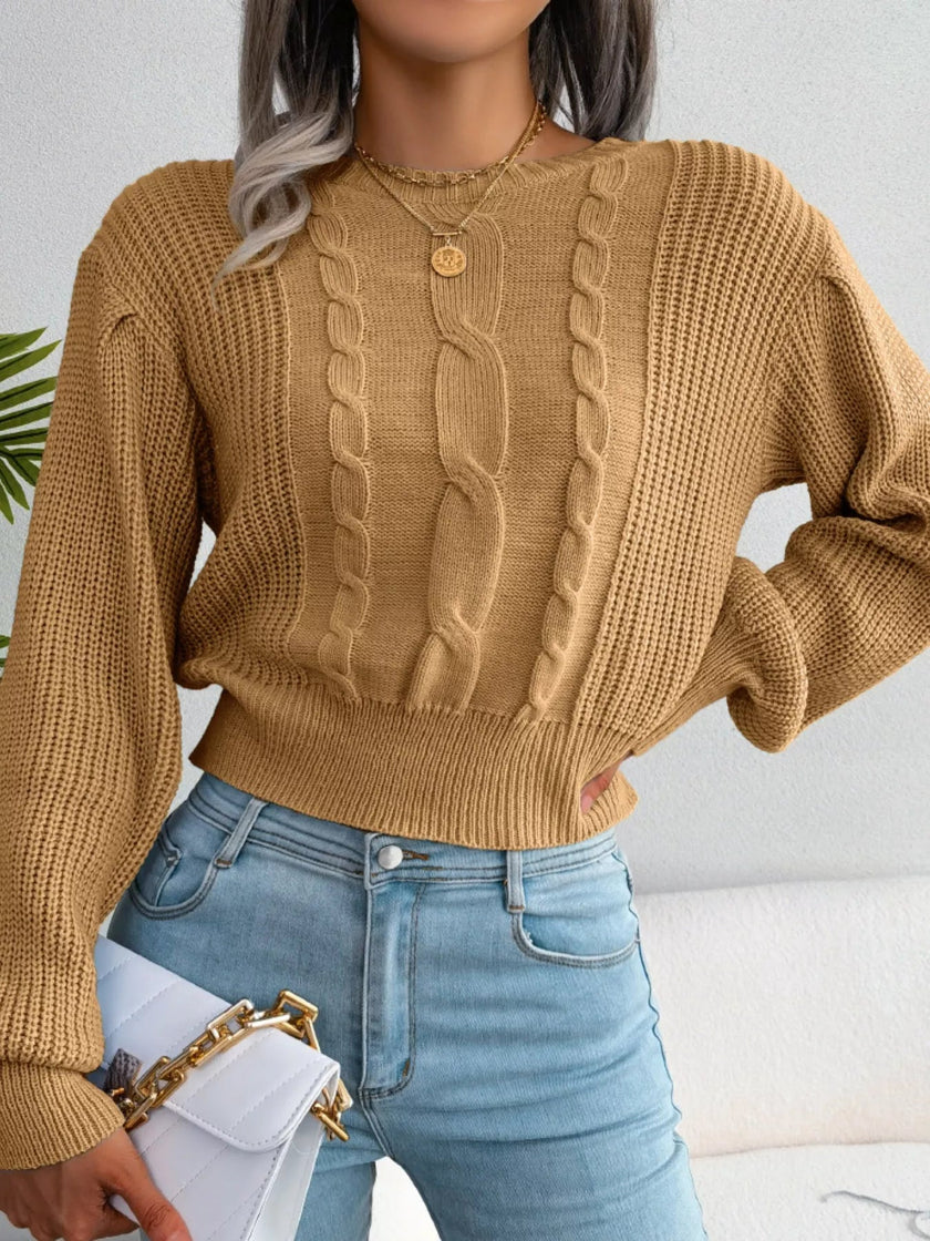 Cable Knit Round Neck Cropped Sweater - FLORENTINE IRIS