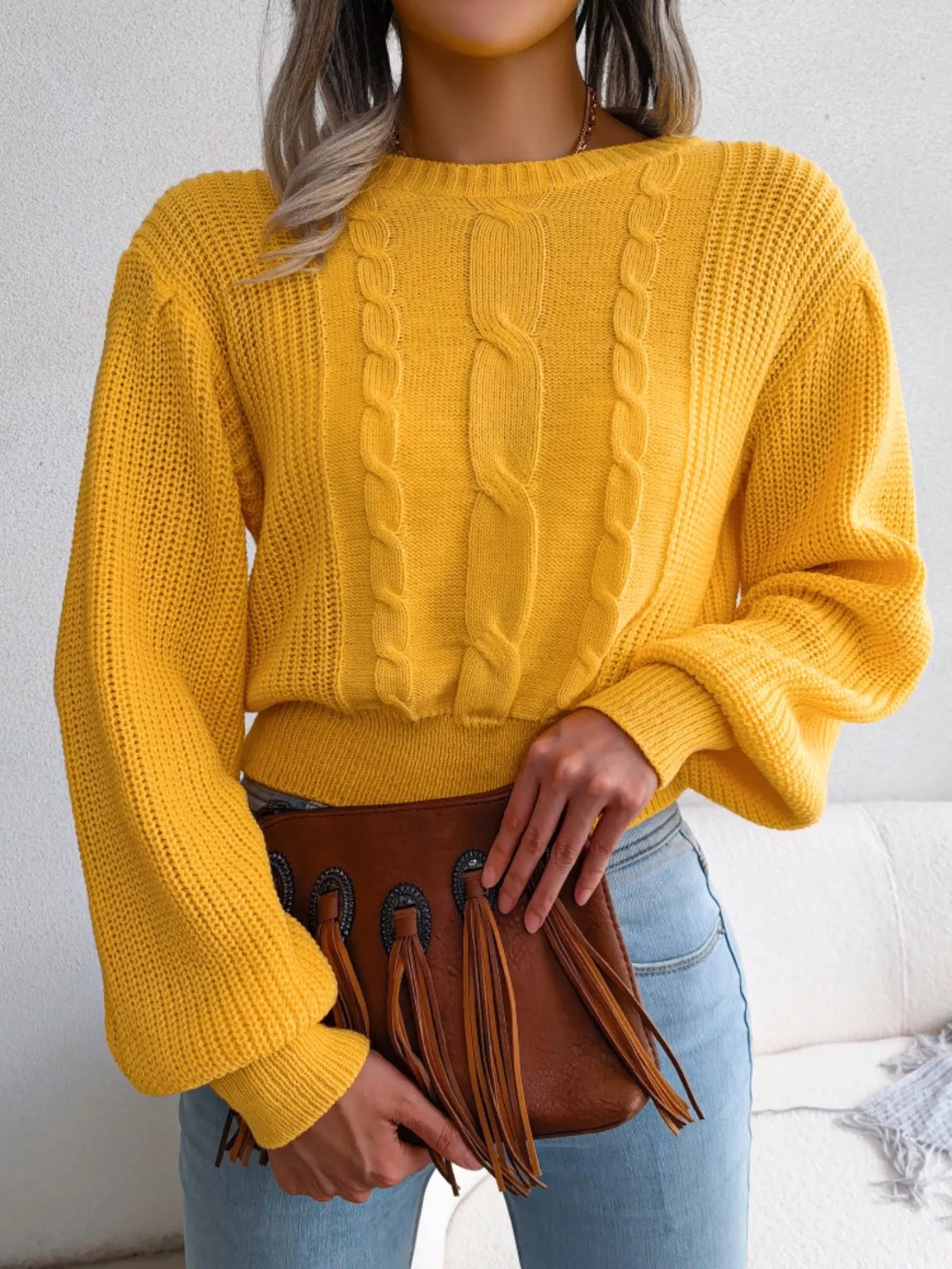 Cable Knit Round Neck Cropped Sweater - FLORENTINE IRIS