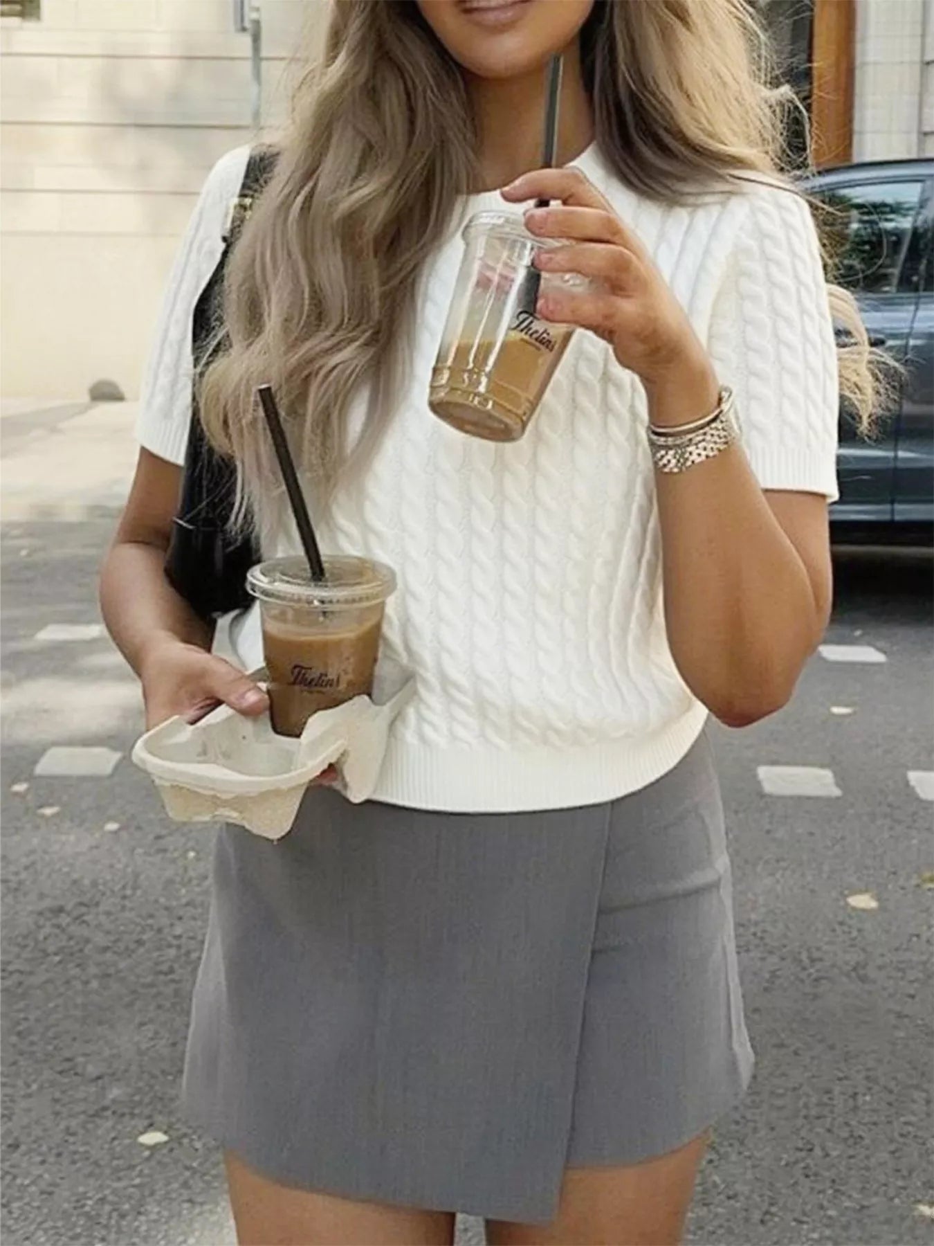 Cable - Knit Short Sleeve Sweater - FLORENTINE IRIS