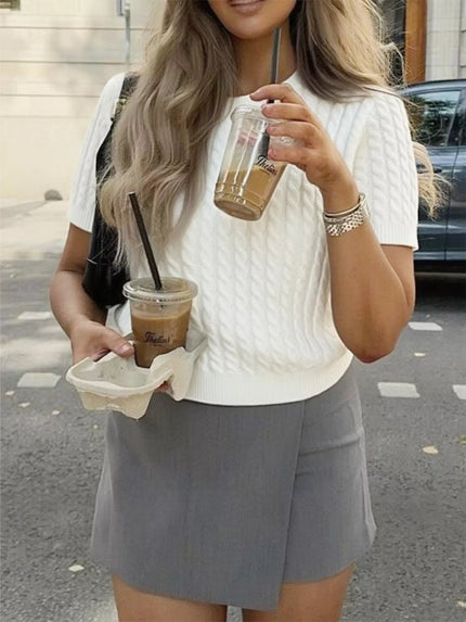 Cable - Knit Short Sleeve Sweater - FLORENTINE IRIS