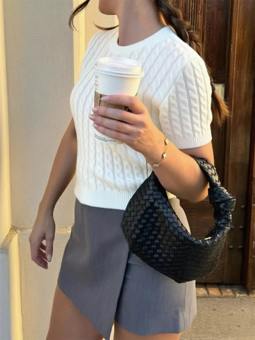 Cable - Knit Short Sleeve Sweater - FLORENTINE IRIS