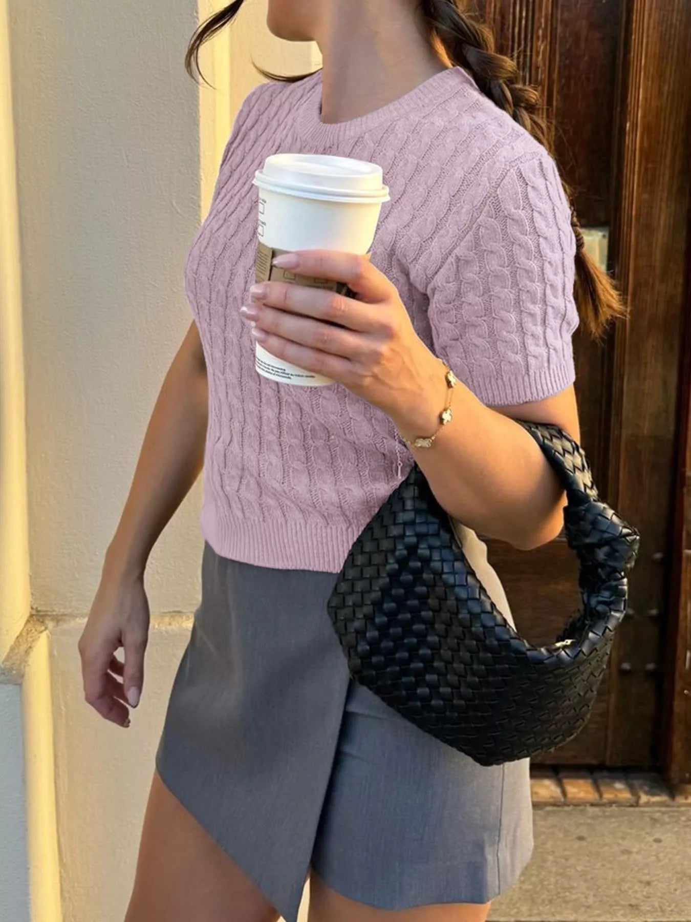 Cable - Knit Short Sleeve Sweater - FLORENTINE IRIS