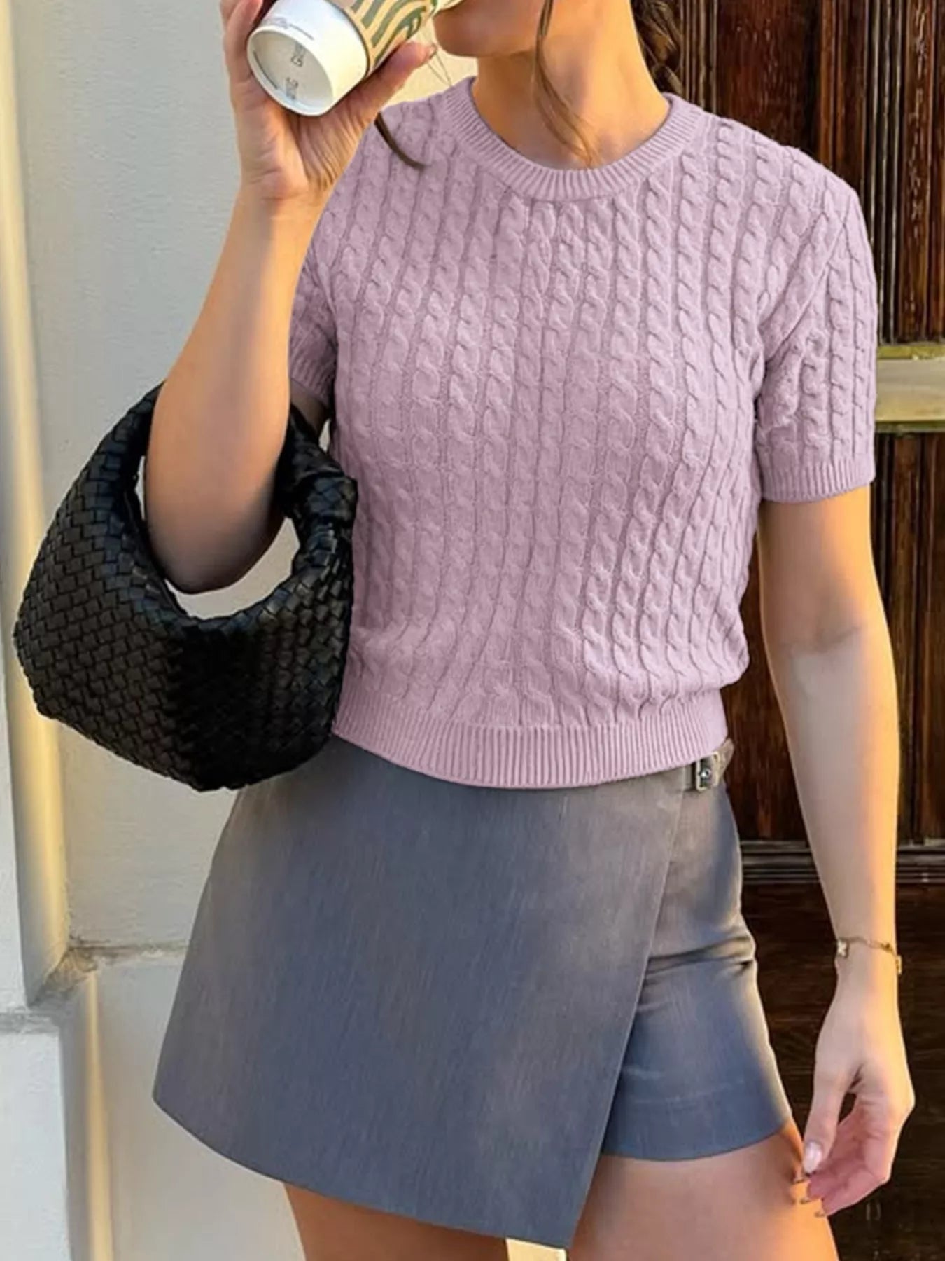 Cable - Knit Short Sleeve Sweater - FLORENTINE IRIS