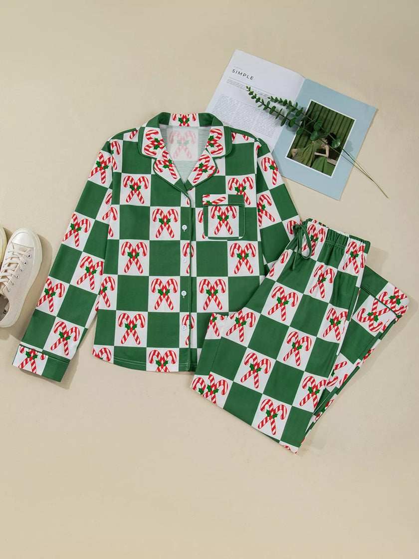Candy Cane Checkered Pattern 2pcs Pajama Set - FLORENTINE IRIS