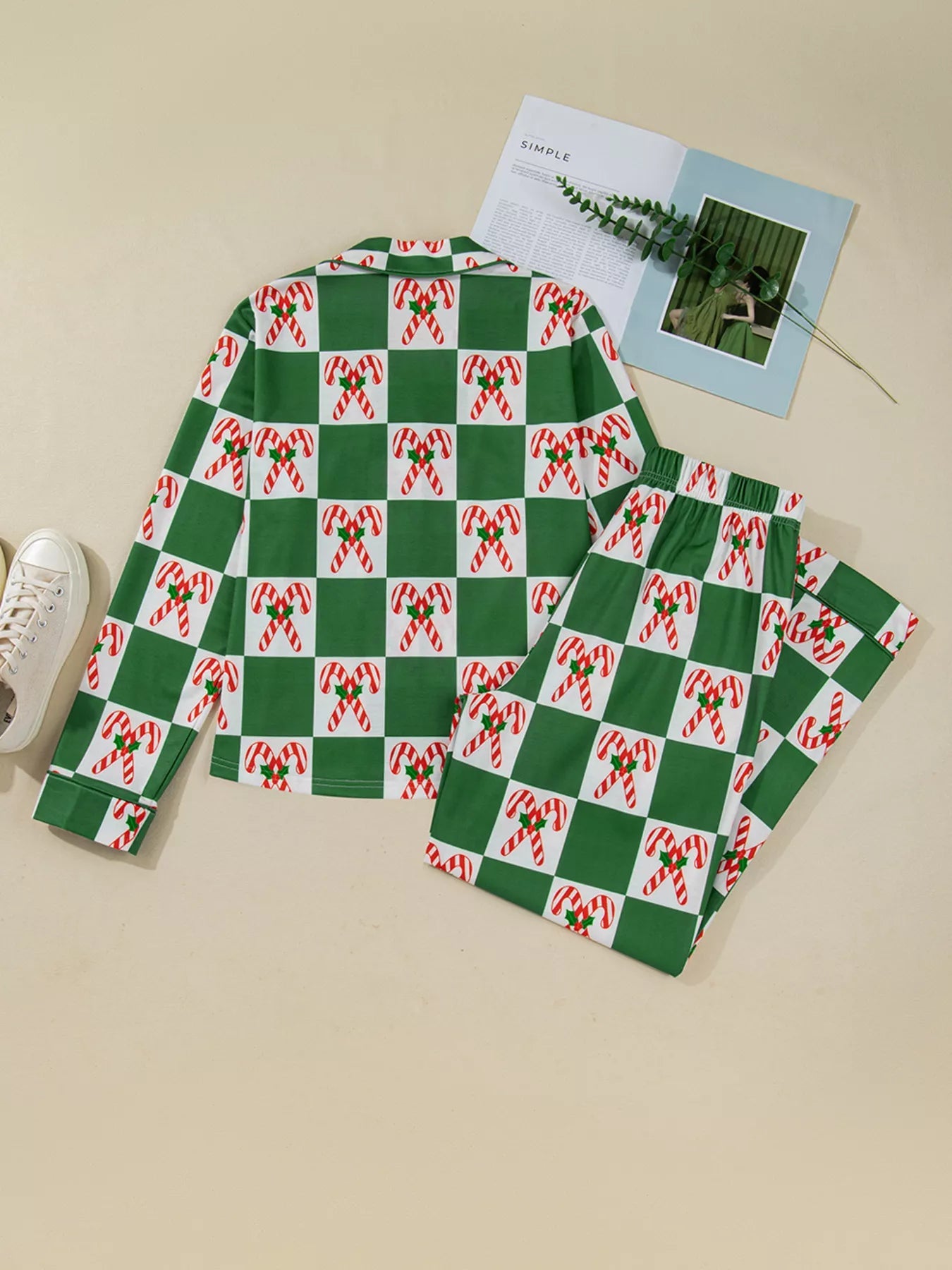 Candy Cane Checkered Pattern 2pcs Pajama Set - FLORENTINE IRIS