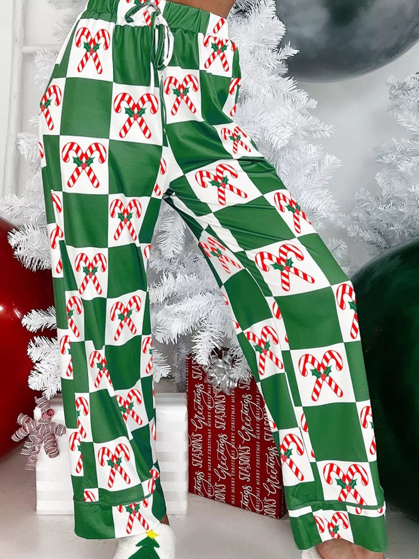 Candy Cane Checkered Pattern 2pcs Pajama Set - FLORENTINE IRIS