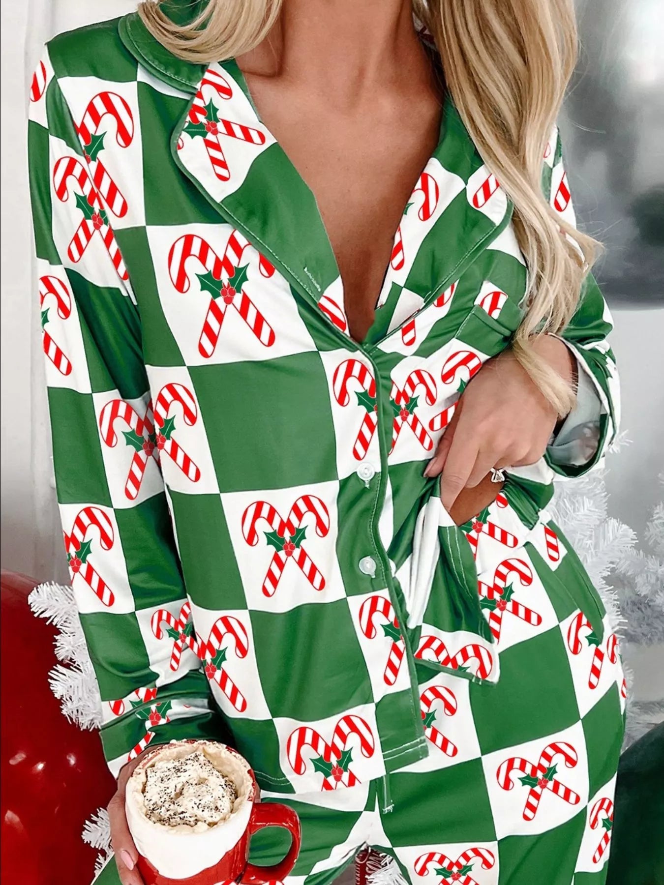 Candy Cane Checkered Pattern 2pcs Pajama Set - FLORENTINE IRIS