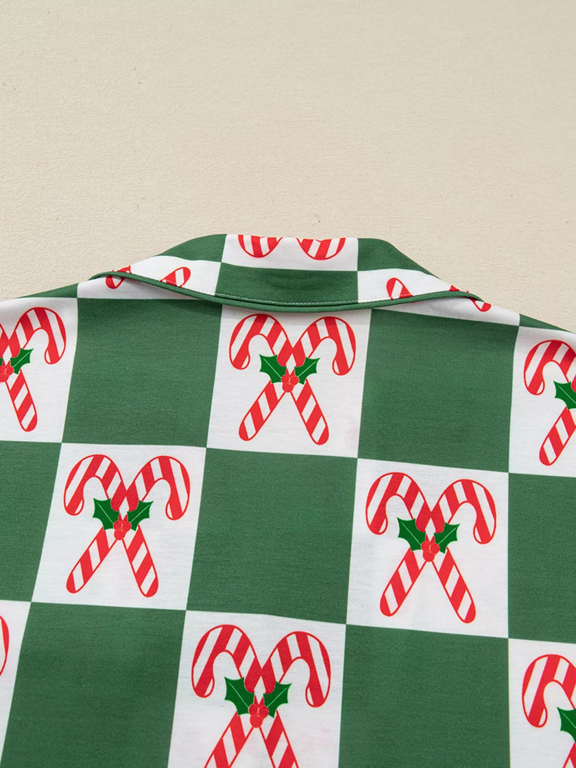 Candy Cane Checkered Pattern 2pcs Pajama Set - FLORENTINE IRIS
