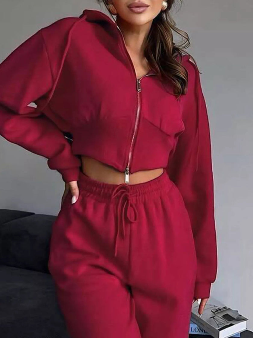 Casual Cropped Hoodie and Wide Leg Pants Set - FLORENTINE IRIS