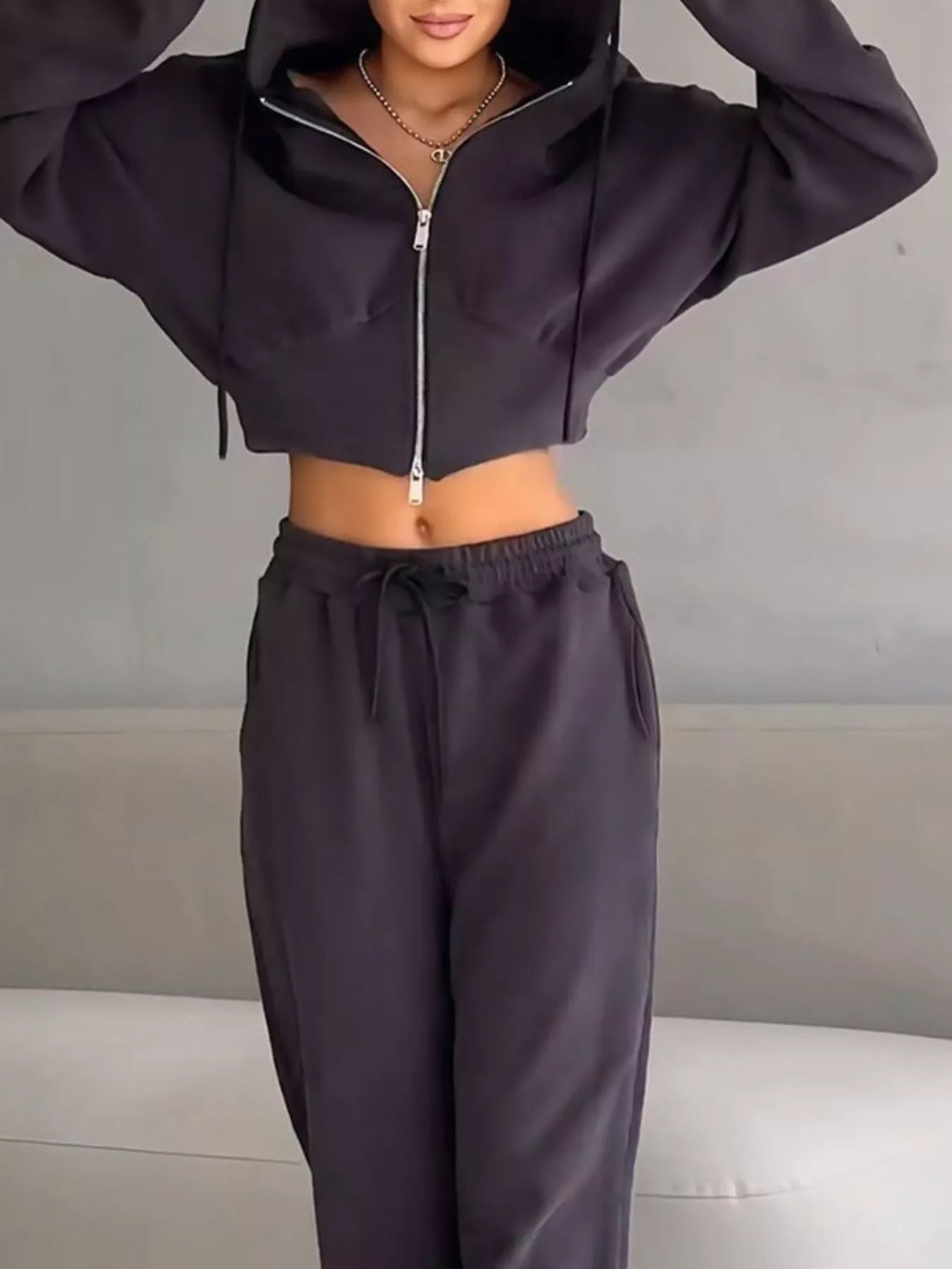 Casual Cropped Hoodie and Wide Leg Pants Set - FLORENTINE IRIS