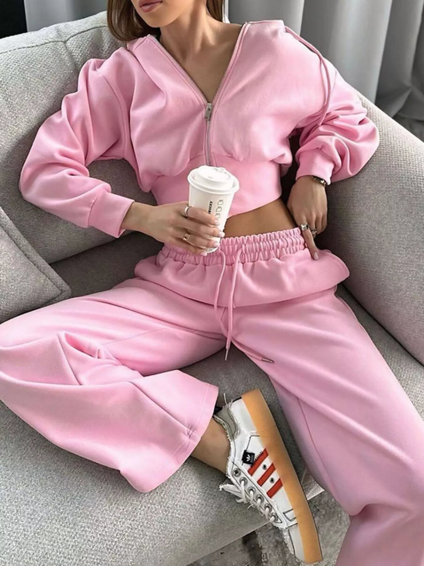 Casual Cropped Hoodie and Wide Leg Pants Set - FLORENTINE IRIS