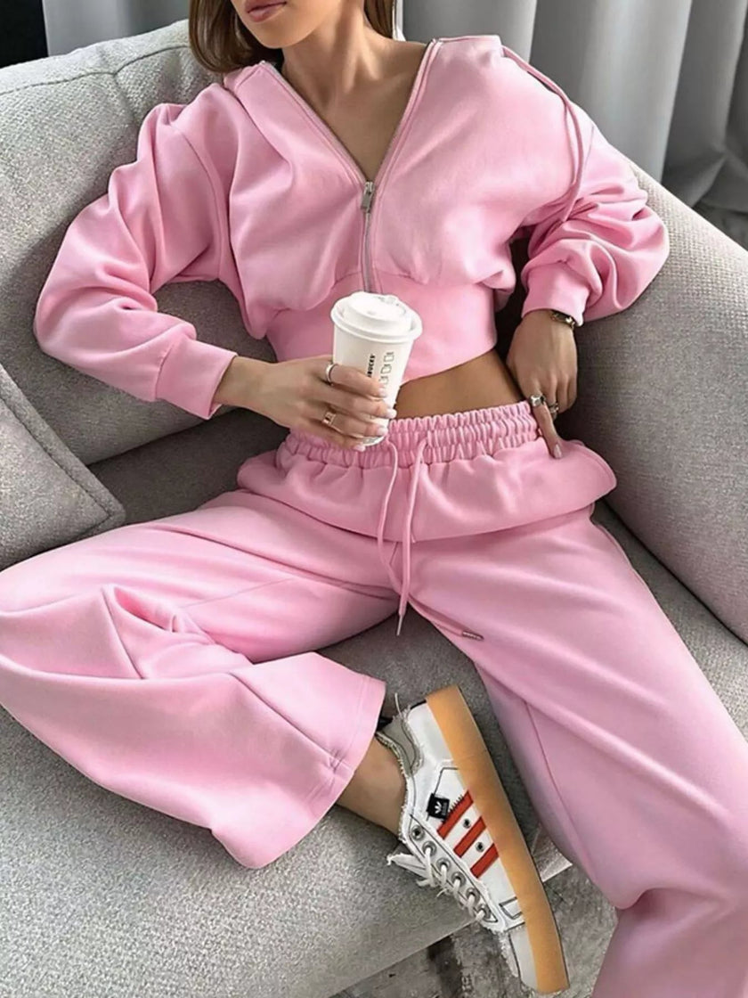 Casual Cropped Hoodie and Wide Leg Pants Set - FLORENTINE IRIS