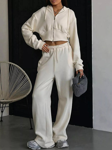 Casual Cropped Hoodie and Wide Leg Pants Set - FLORENTINE IRIS