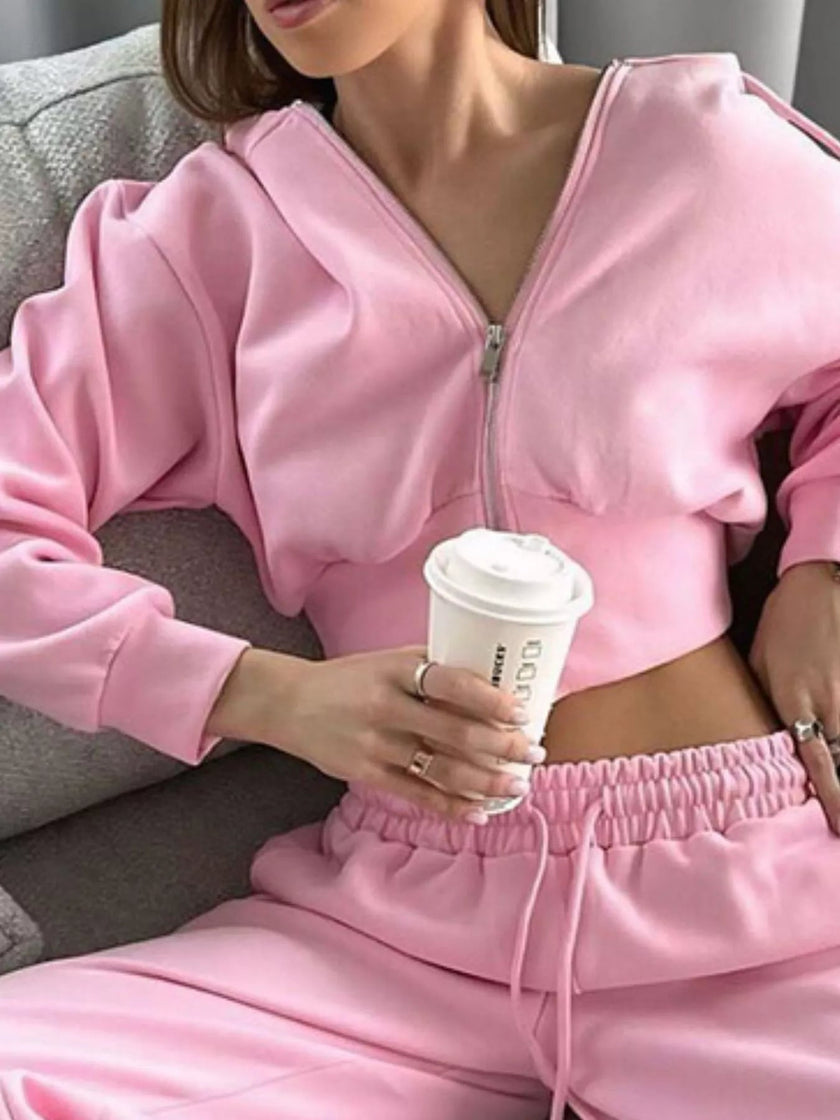 Casual Cropped Hoodie and Wide Leg Pants Set - FLORENTINE IRIS