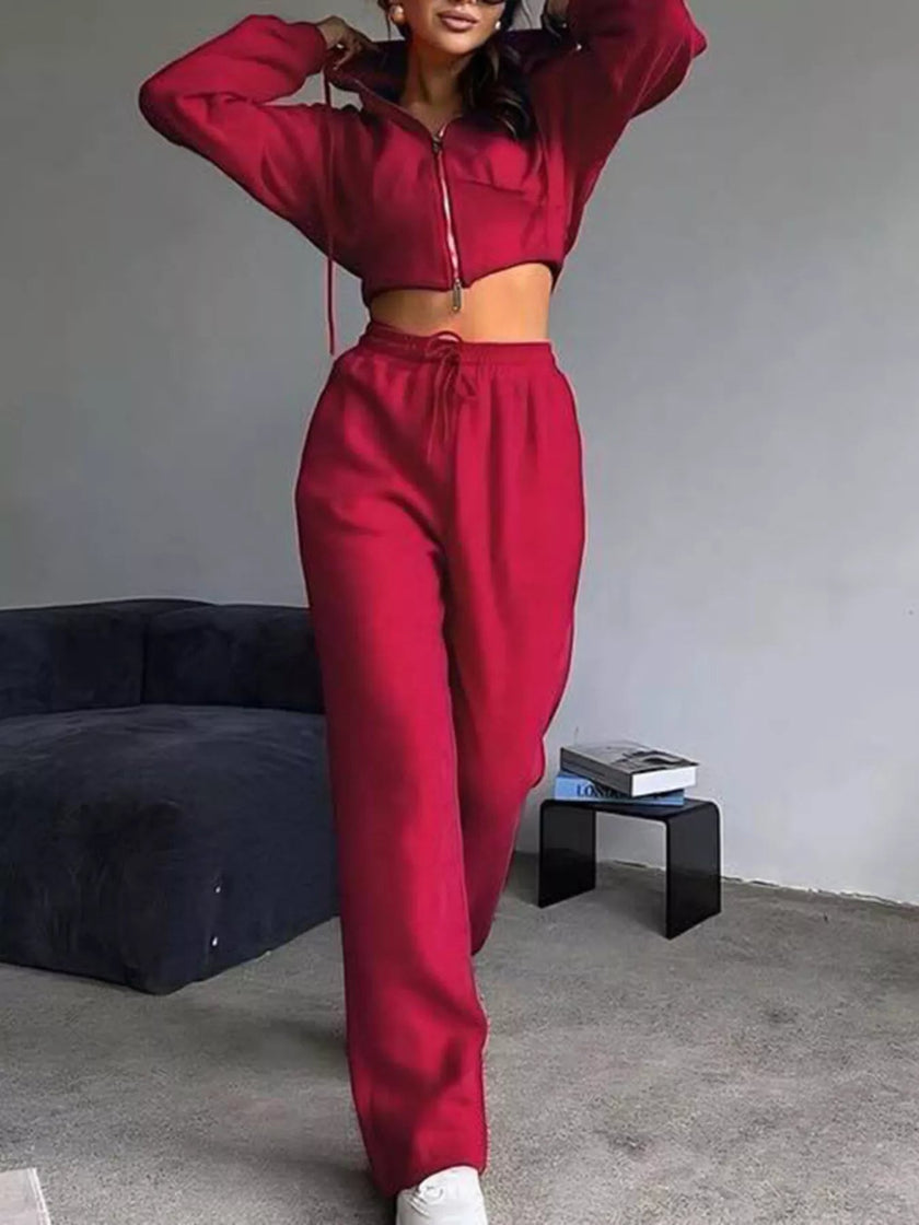 Casual Cropped Hoodie and Wide Leg Pants Set - FLORENTINE IRIS