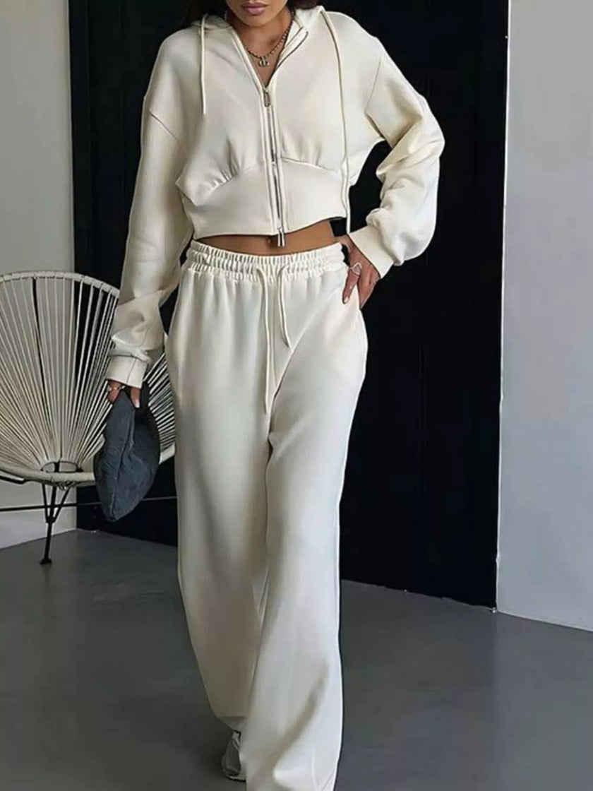 Casual Cropped Hoodie and Wide Leg Pants Set - FLORENTINE IRIS