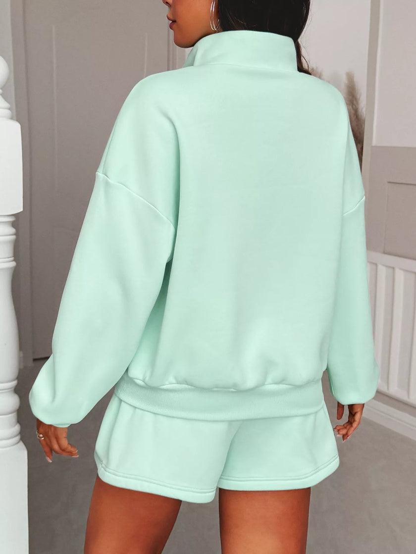Casual Dropped Shoulder Sweatshirt and Shorts Set - FLORENTINE IRIS