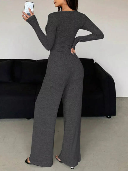 Casual Long Sleeve Top and Wide Leg Pants Set - FLORENTINE IRIS