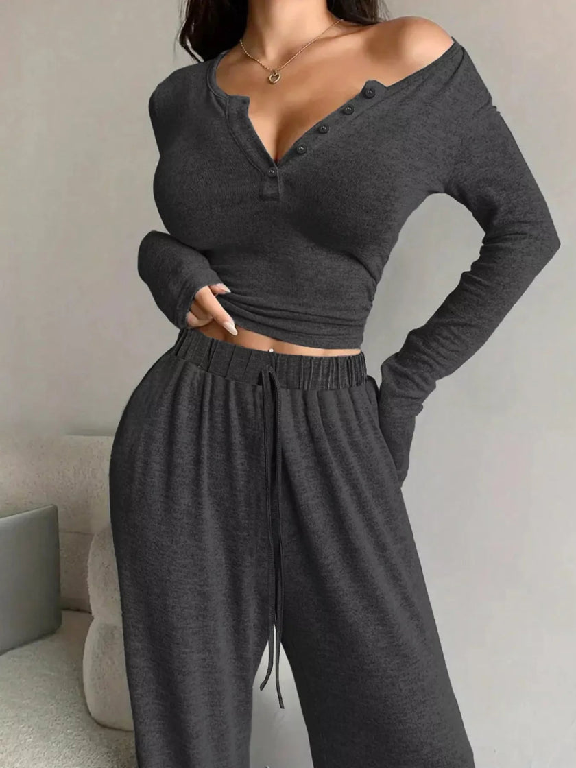Casual Long Sleeve Top and Wide Leg Pants Set - FLORENTINE IRIS