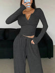 Casual Long Sleeve Top and Wide Leg Pants Set - FLORENTINE IRIS