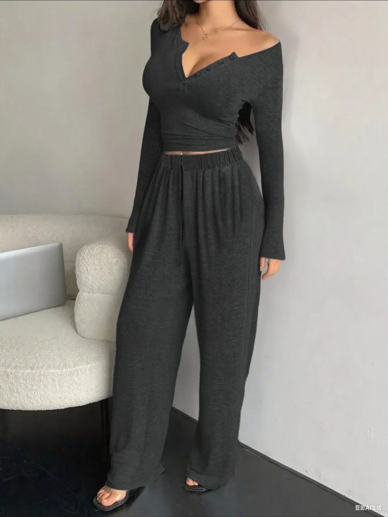 Casual Long Sleeve Top and Wide Leg Pants Set - FLORENTINE IRIS