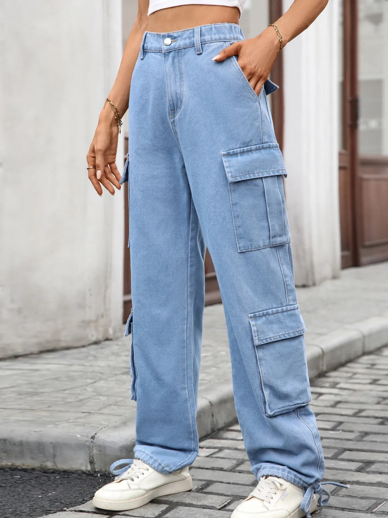 Casual Wide Leg Cargo Jeans - FLORENTINE IRIS