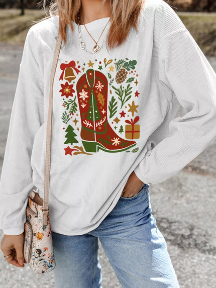 Christmas Leafy Boot Printed Corded Rib Drop Shoulder Sweatshirt - FLORENTINE IRIS