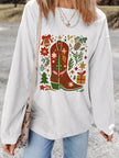 Christmas Leafy Boot Printed Corded Rib Drop Shoulder Sweatshirt - FLORENTINE IRIS
