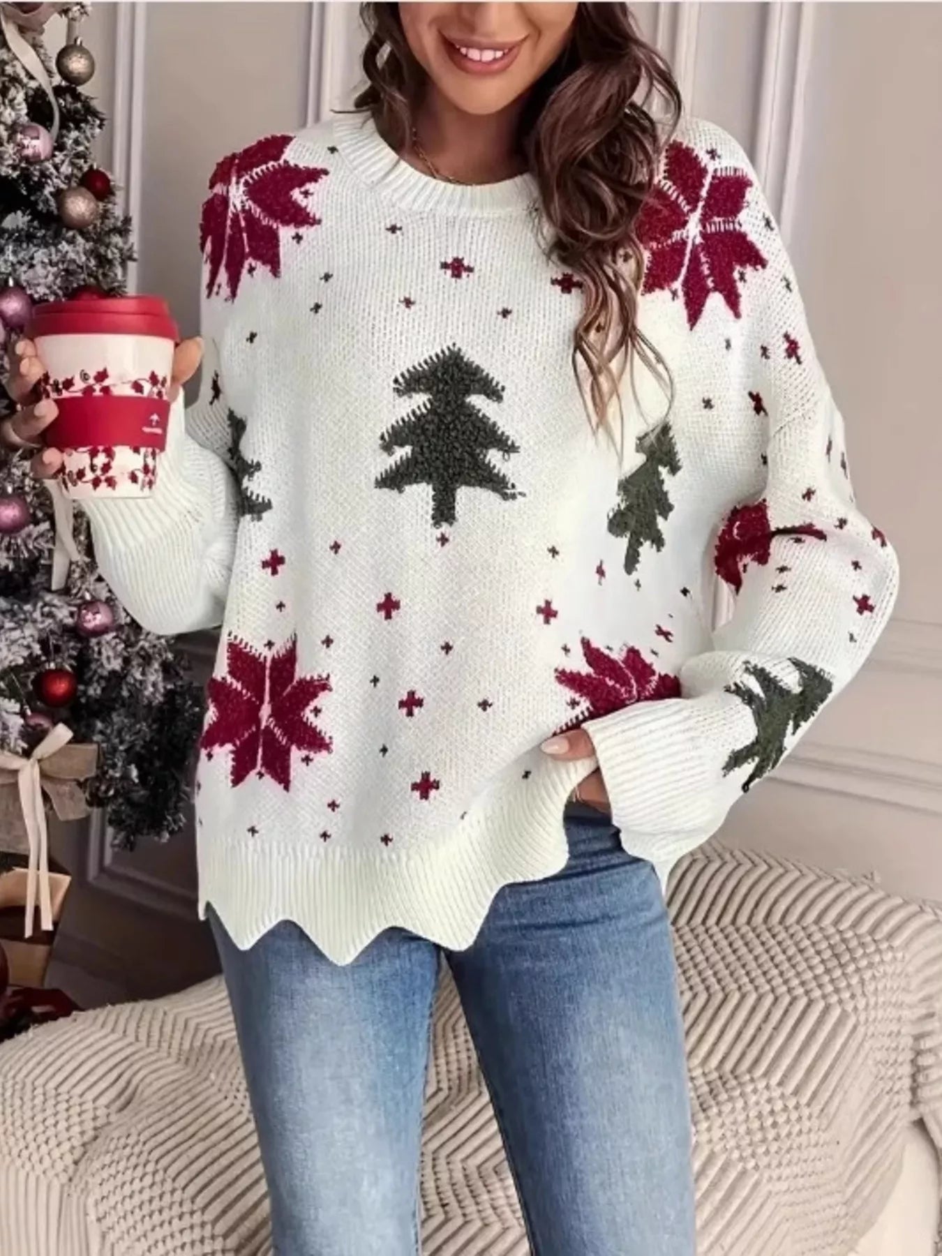 Christmas Tree Pattern Round Neck Sweater - FLORENTINE IRIS