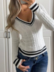 Classic V - Neck Cable Knit Sweater - FLORENTINE IRIS