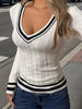 Classic V - Neck Cable Knit Sweater - FLORENTINE IRIS