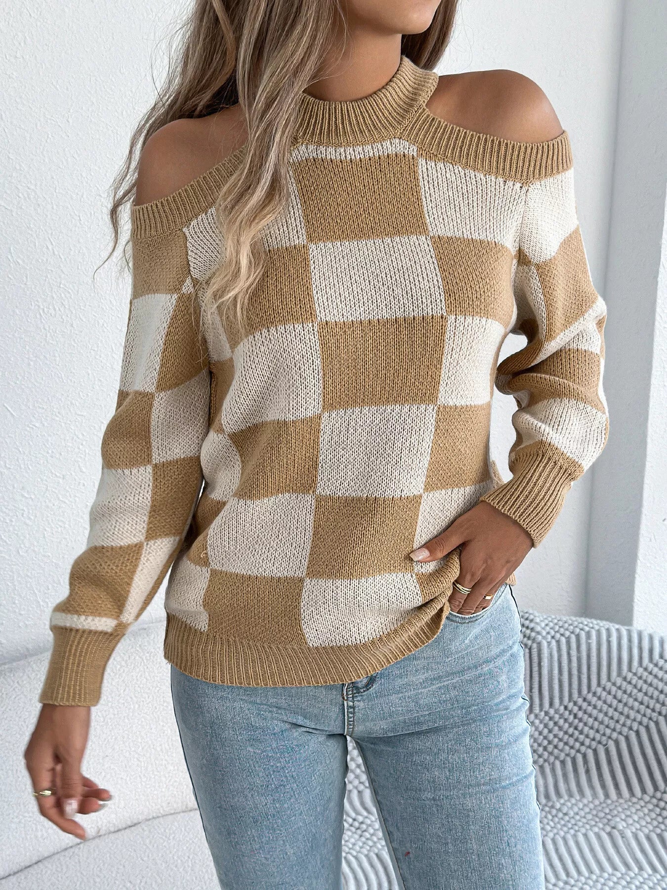 Cold Shoulder Checkered Long Sleeve Sweater - FLORENTINE IRIS