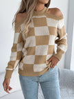 Cold Shoulder Checkered Long Sleeve Sweater - FLORENTINE IRIS