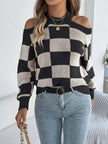 Cold Shoulder Checkered Long Sleeve Sweater - FLORENTINE IRIS