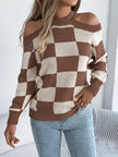 Cold Shoulder Checkered Long Sleeve Sweater - FLORENTINE IRIS