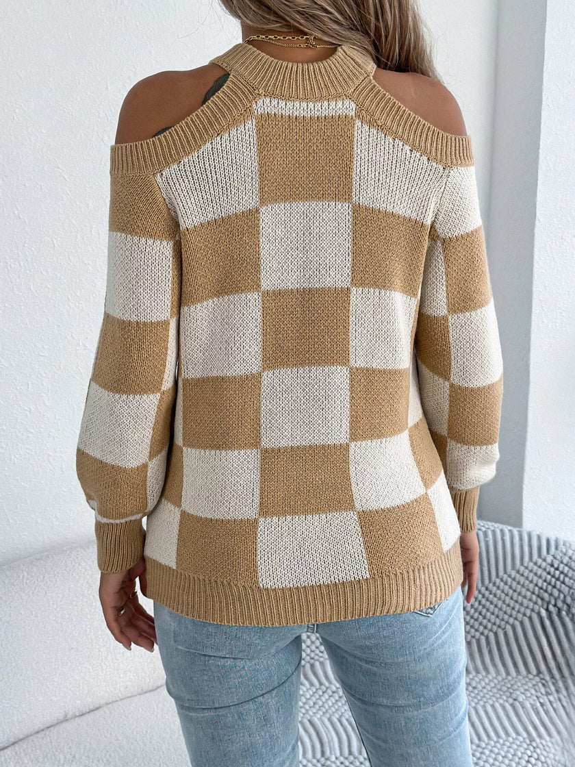 Cold Shoulder Checkered Long Sleeve Sweater - FLORENTINE IRIS