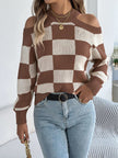 Cold Shoulder Checkered Long Sleeve Sweater - FLORENTINE IRIS