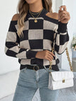 Cold Shoulder Checkered Long Sleeve Sweater - FLORENTINE IRIS